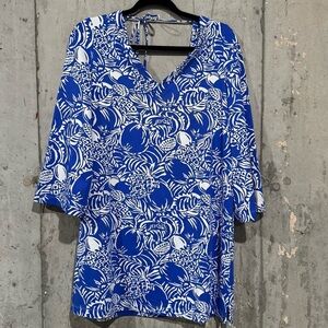 Persifor Large Pineapple V-Neck Shift Mini Dress Resort Preppy Vacation Beach